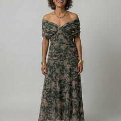 Women's Floral Off-Shoulder Midi Dress - Draped Neckline | Spring - Dark Green