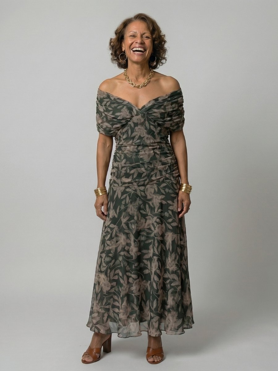 Women's Floral Off-Shoulder Midi Dress - Draped Neckline | Spring - Dark Green