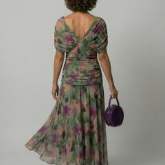 Women's Floral Off-Shoulder Midi Dress - Draped Neckline | Spring