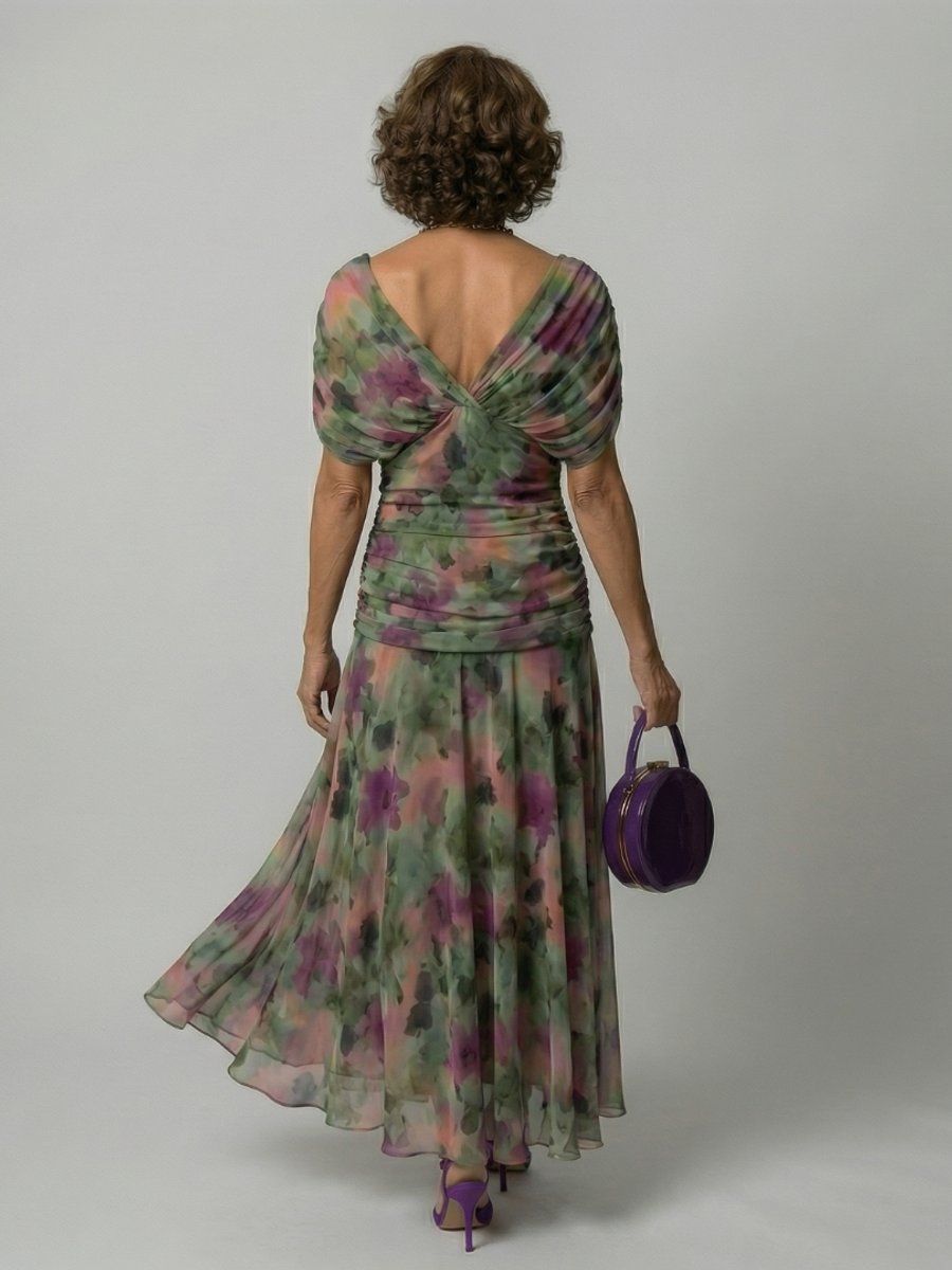 Women's Floral Off-Shoulder Midi Dress - Draped Neckline | Spring
