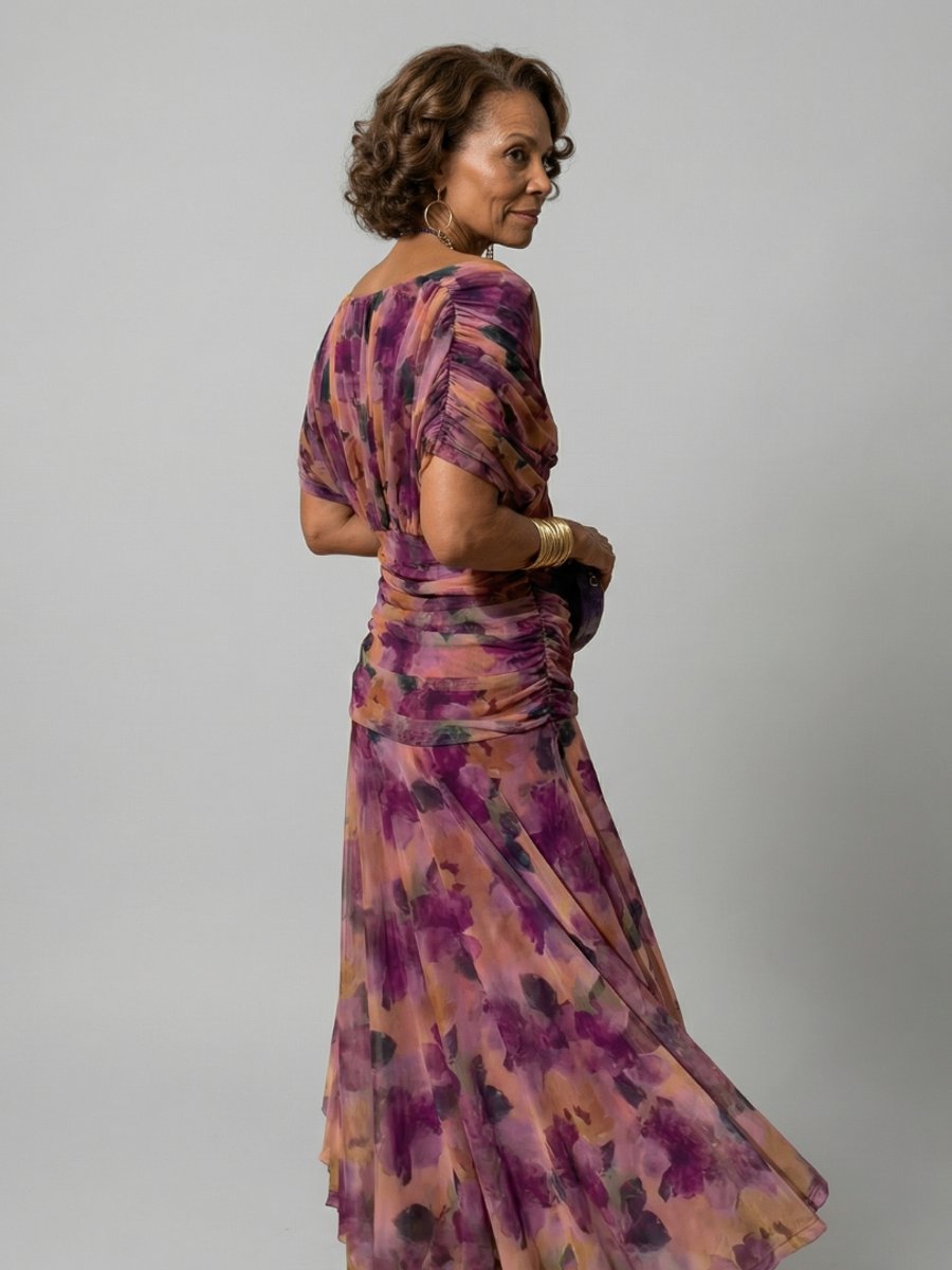 Women's Floral Off-Shoulder Midi Dress - Draped Neckline | Spring
