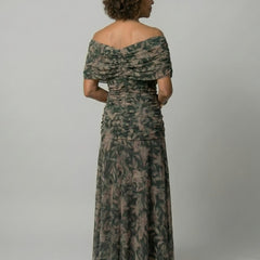 Women's Floral Off-Shoulder Midi Dress - Draped Neckline | Spring