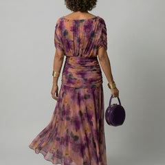 Women's Floral Off-Shoulder Midi Dress - Draped Neckline | Spring
