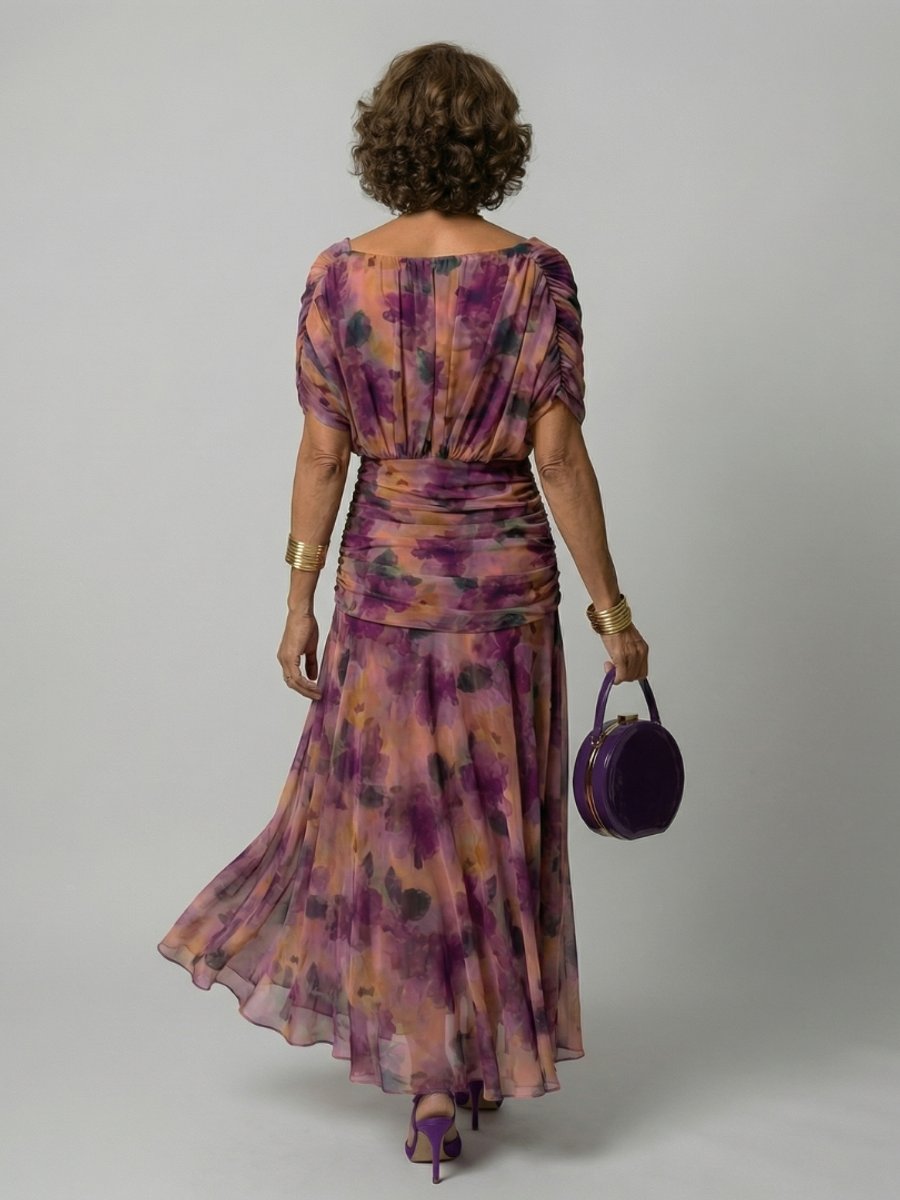 Women's Floral Off-Shoulder Midi Dress - Draped Neckline | Spring
