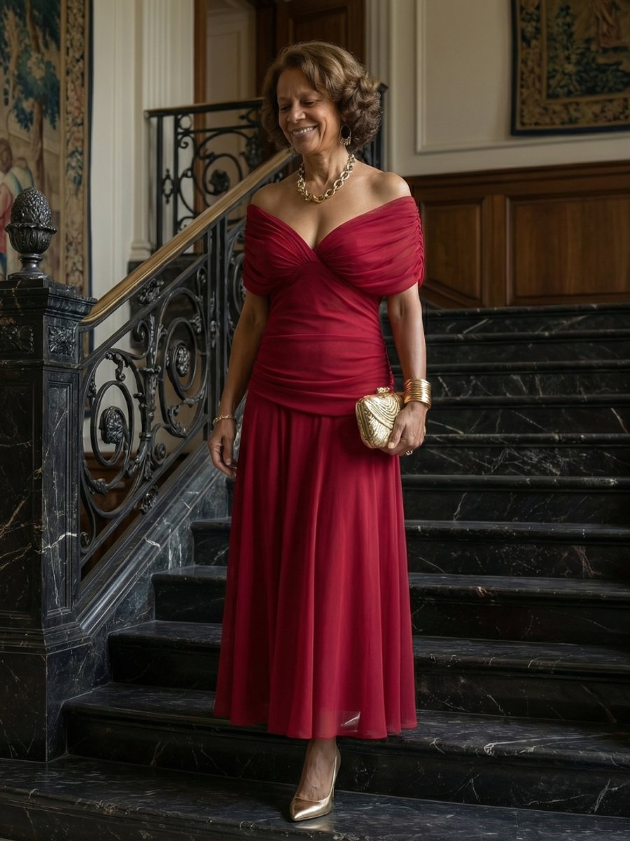 Women's Floral Off-Shoulder Midi Dress - Draped Neckline | Spring