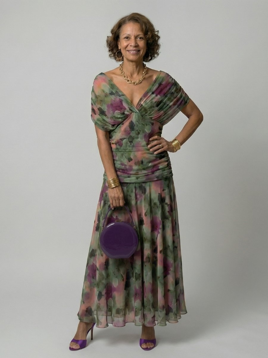 Women's Floral Off-Shoulder Midi Dress - Draped Neckline | Spring - Multicolor