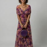 Women's Floral Off-Shoulder Midi Dress - Draped Neckline | Spring - Purple