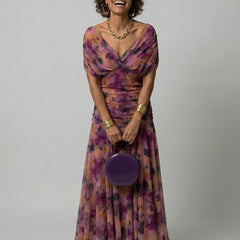 Women's Floral Off-Shoulder Midi Dress - Draped Neckline | Spring - Purple
