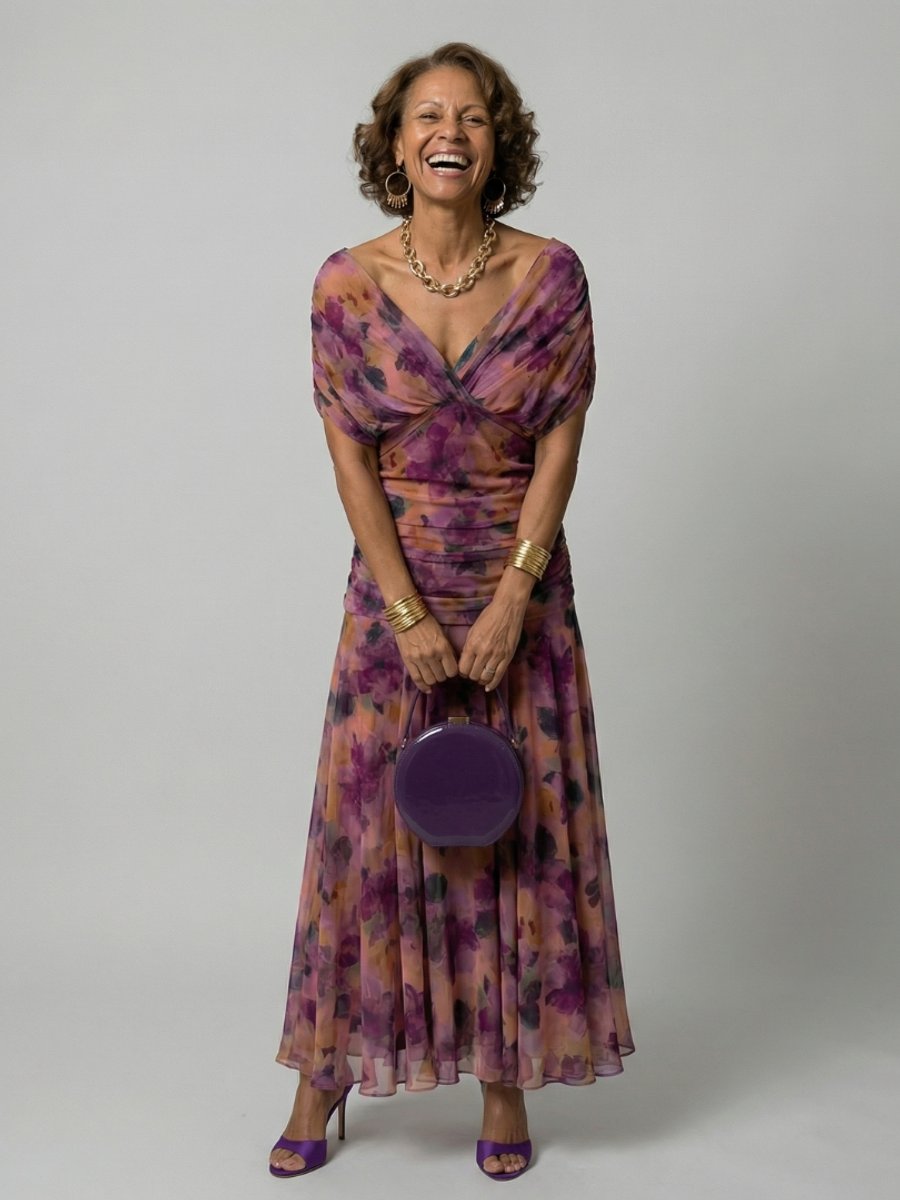 Women's Floral Off-Shoulder Midi Dress - Draped Neckline | Spring - Purple