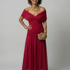 Women's Floral Off-Shoulder Midi Dress - Draped Neckline | Spring - Red