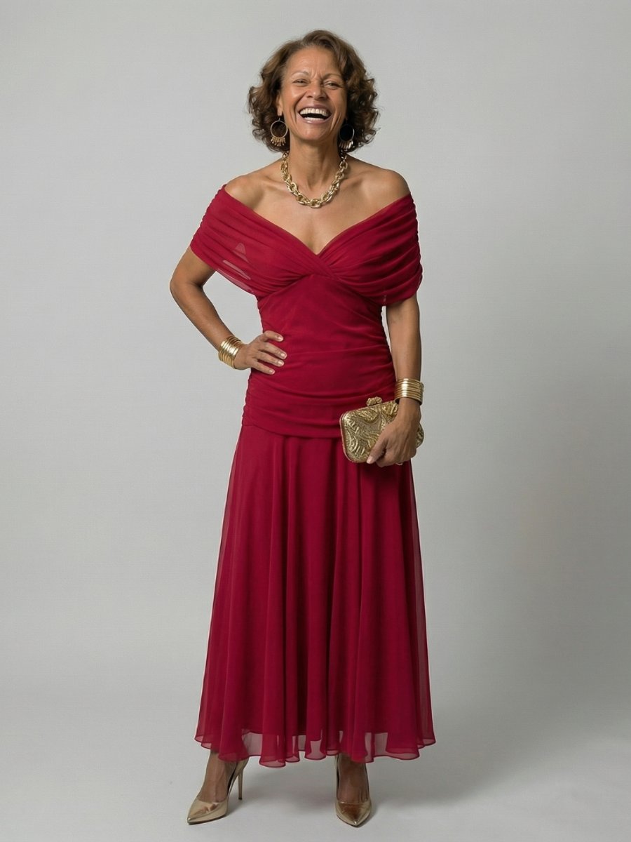 Women's Floral Off-Shoulder Midi Dress - Draped Neckline | Spring - Red
