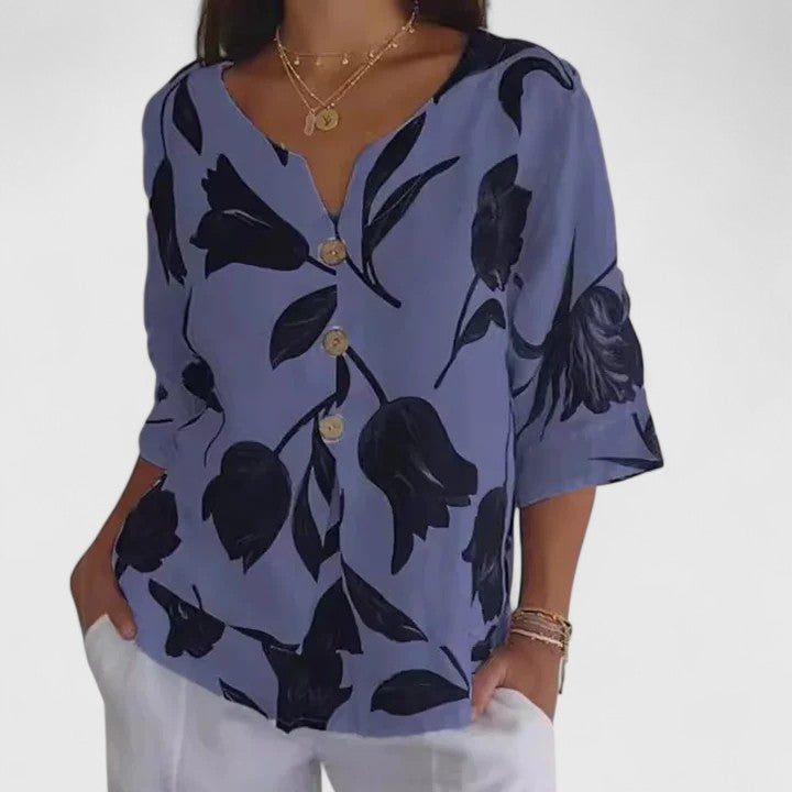 Women's Floral Print Blouse - Elegant Button-Front Shirt | Spring - Blue