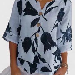 Women's Floral Print Blouse - Elegant Button-Front Shirt | Spring - Light Blue