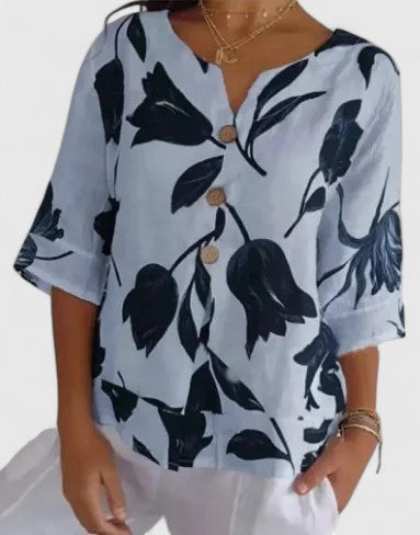 Women's Floral Print Blouse - Elegant Button-Front Shirt | Spring - Light Blue