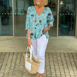 Women's Floral Print Blouse Three-Quarter Sleeve V-Neck | Spring - Blue
