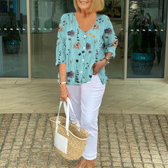 Women's Floral Print Blouse Three-Quarter Sleeve V-Neck | Spring - Blue
