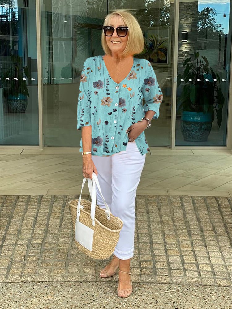 Women's Floral Print Blouse Three-Quarter Sleeve V-Neck | Spring - Blue