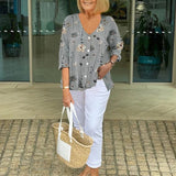 Women's Floral Print Blouse Three-Quarter Sleeve V-Neck | Spring - Gray