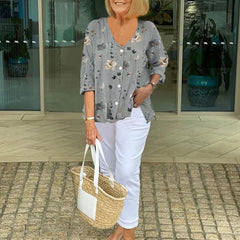 Women's Floral Print Blouse Three-Quarter Sleeve V-Neck | Spring - Gray