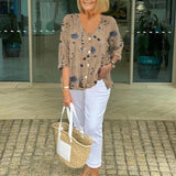 Women's Floral Print Blouse Three-Quarter Sleeve V-Neck | Spring - Khaki