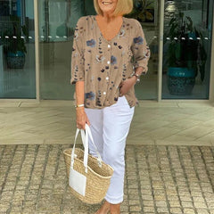 Women's Floral Print Blouse Three-Quarter Sleeve V-Neck | Spring - Khaki