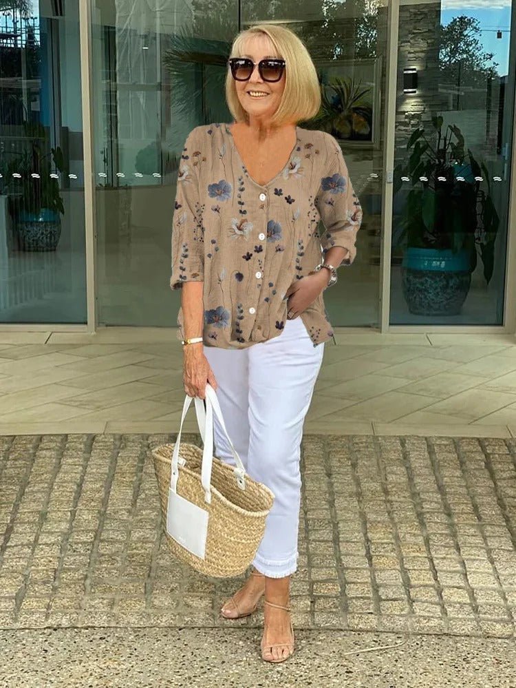 Women's Floral Print Blouse Three-Quarter Sleeve V-Neck | Spring - Khaki