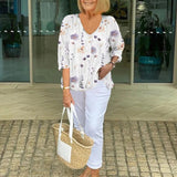 Women's Floral Print Blouse Three-Quarter Sleeve V-Neck | Spring - White