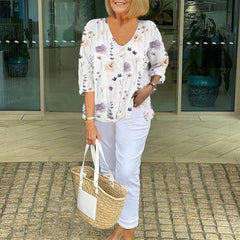 Women's Floral Print Blouse Three-Quarter Sleeve V-Neck | Spring - White
