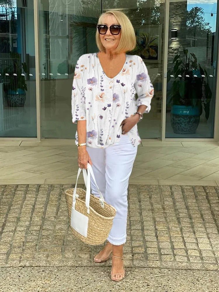 Women's Floral Print Blouse Three-Quarter Sleeve V-Neck | Spring - White