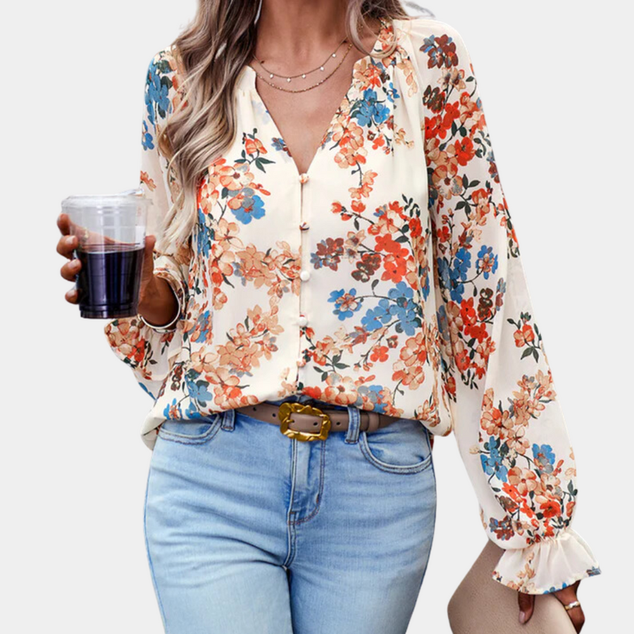 Women's Floral Print Blouse with V-Neck - Lightweight Summer Top - Apricot