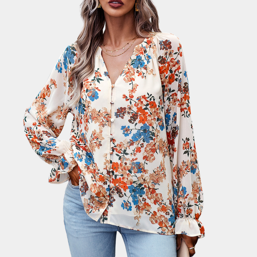 Women's Floral Print Blouse with V-Neck - Lightweight Summer Top