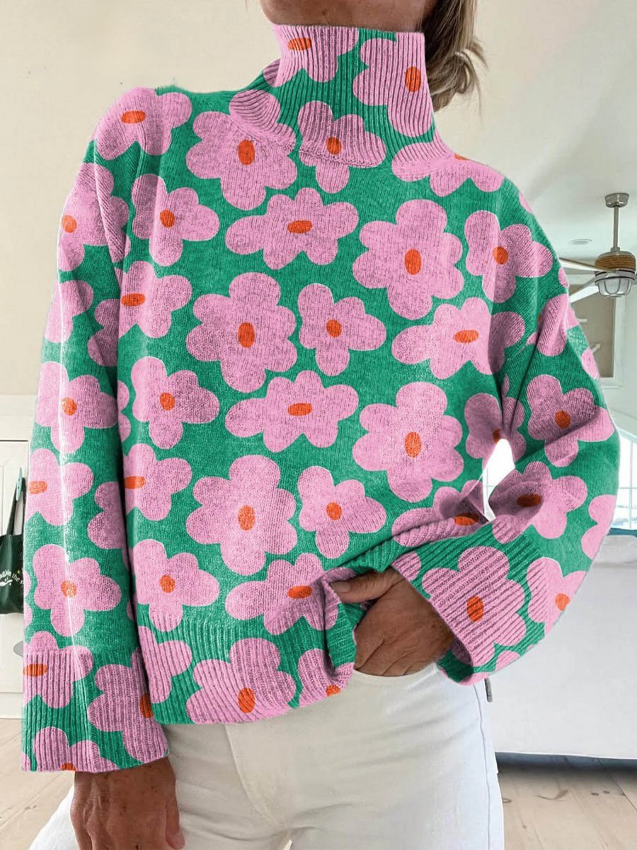 Women's Floral Print Turtleneck Sweater - Relaxed Fit | Autumn - Multicolor