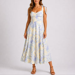 Women's Floral Ruched Tie-Shoulder Midi Dress - Wedding Guest | Summer - Floral White