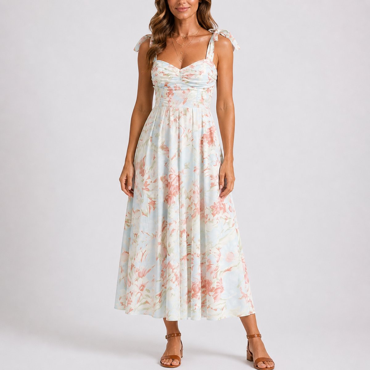 Women's Floral Ruched Tie-Shoulder Midi Dress - Wedding Guest | Summer - Floral