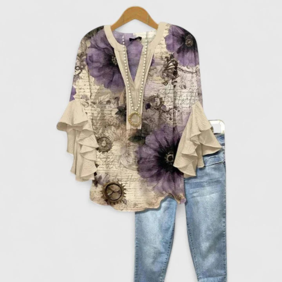 Women's Floral Ruffle Sleeve Casual Top - Summer Blouse - Beige