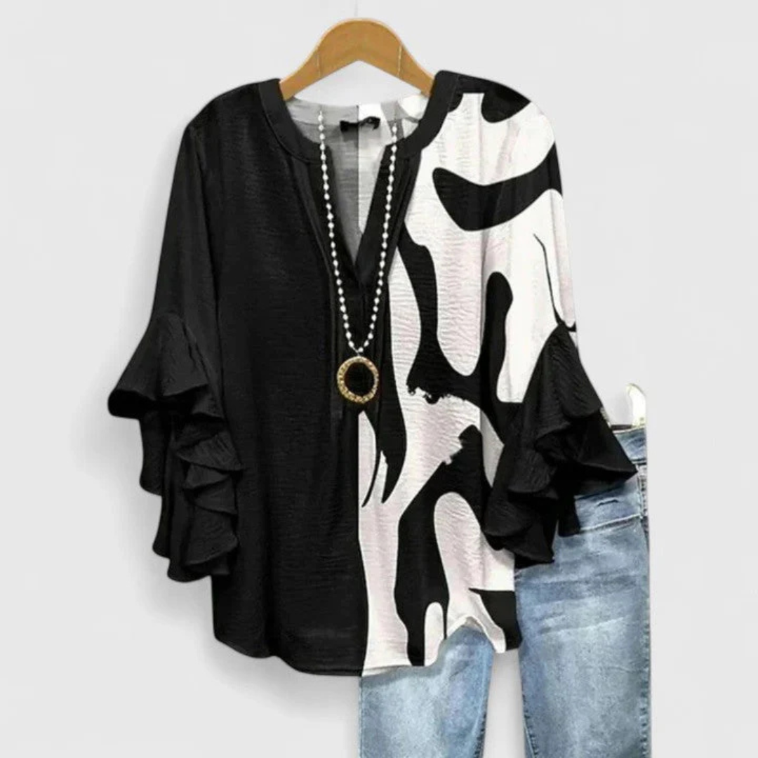 Women's Floral Ruffle Sleeve Casual Top - Summer Blouse - Black