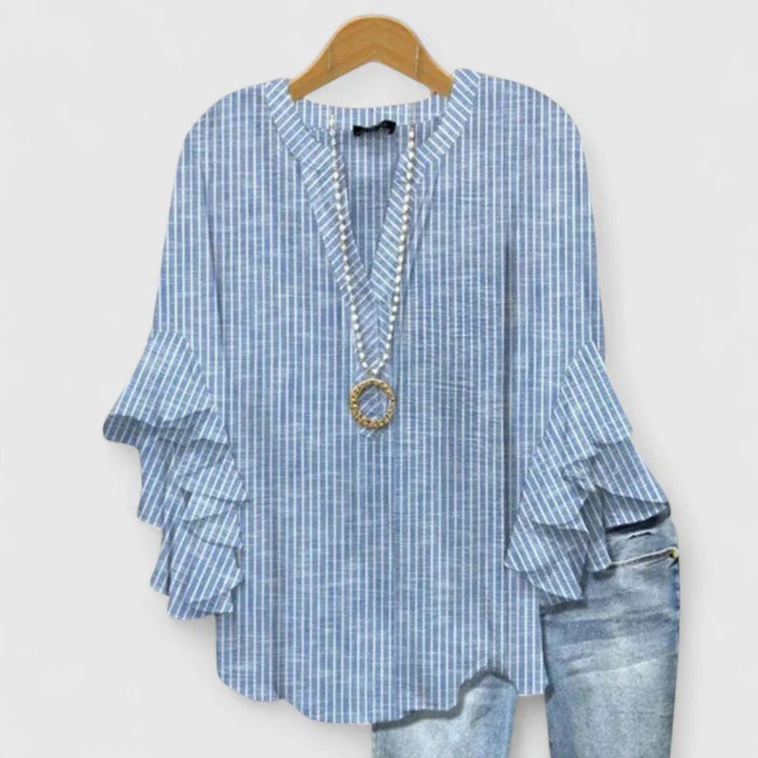Women's Floral Ruffle Sleeve Casual Top - Summer Blouse - Blue
