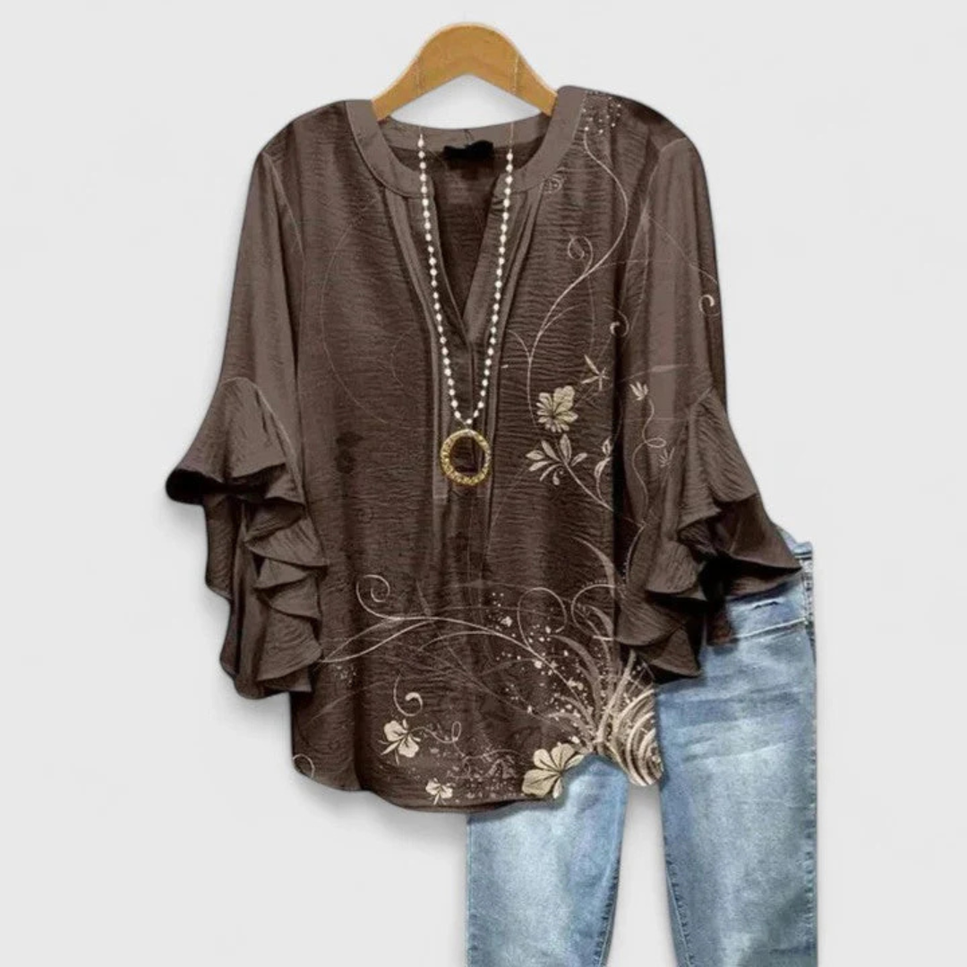 Women's Floral Ruffle Sleeve Casual Top - Summer Blouse - Brown