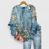 Women's Floral Ruffle Sleeve Casual Top - Summer Blouse - Floral Blue