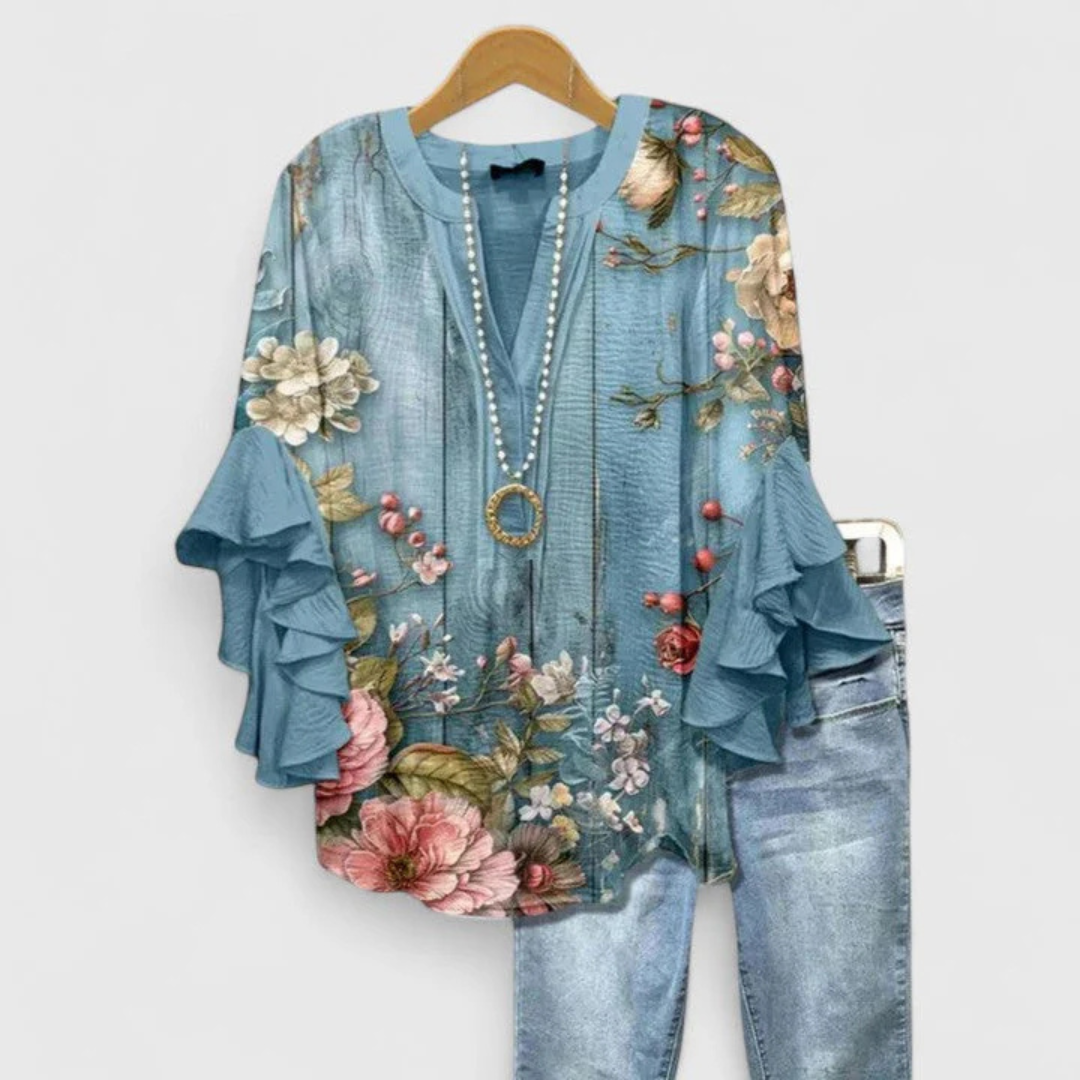 Women's Floral Ruffle Sleeve Casual Top - Summer Blouse - Floral Blue