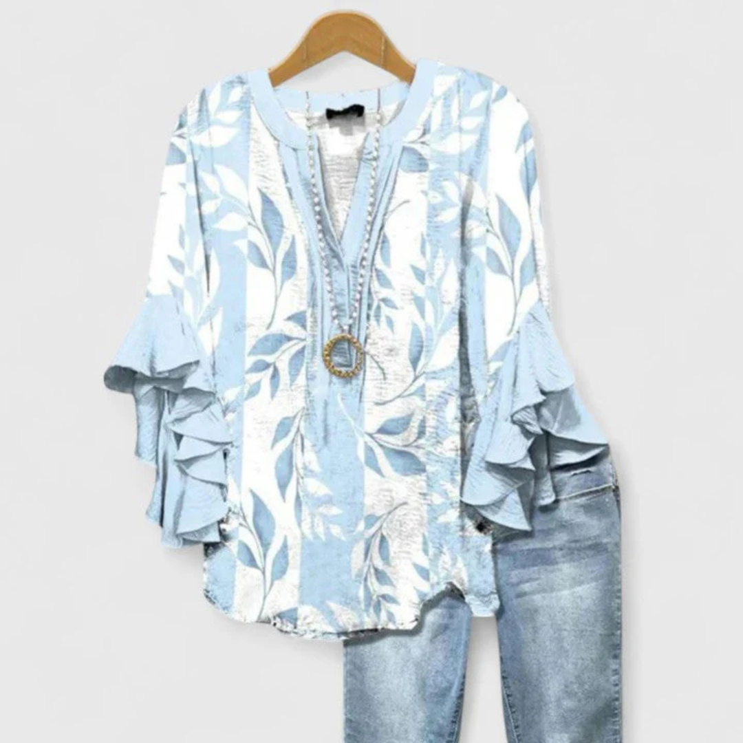 Women's Floral Ruffle Sleeve Casual Top - Summer Blouse - Light Blue