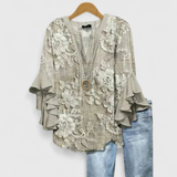 Women's Floral Ruffle Sleeve Casual Top - Summer Blouse - Light Brown