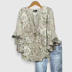 Women's Floral Ruffle Sleeve Casual Top - Summer Blouse - Light Brown