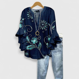 Women's Floral Ruffle Sleeve Casual Top - Summer Blouse - Navy