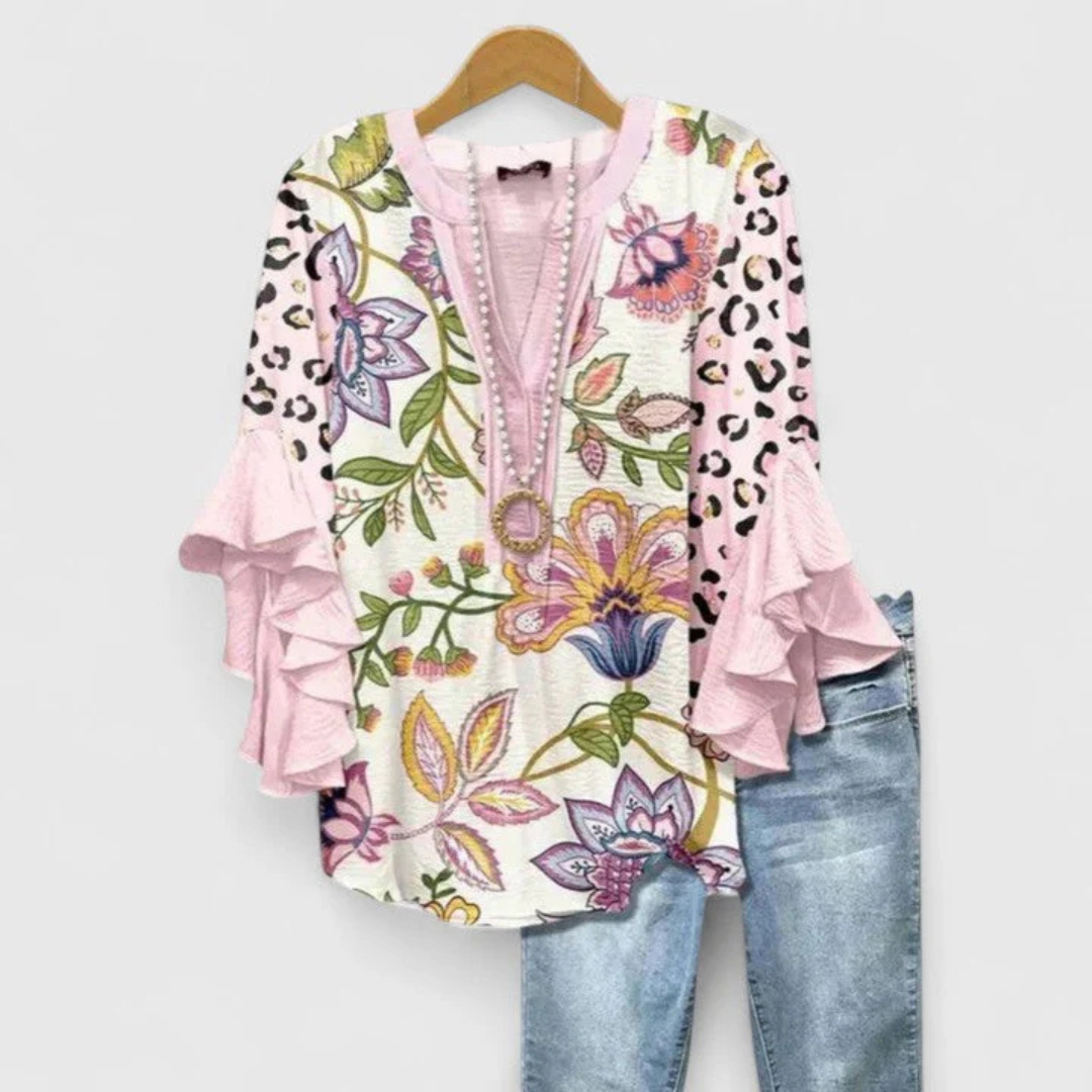 Women's Floral Ruffle Sleeve Casual Top - Summer Blouse - Pink