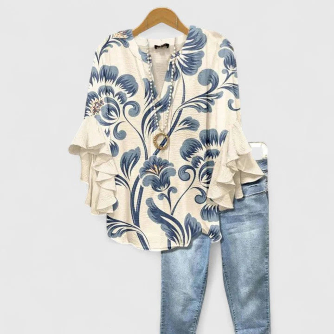 Women's Floral Ruffle Sleeve Casual Top - Summer Blouse - White Blue
