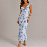 Women's Floral Ruffle Strap Fitted Maxi Dress - Wedding Guest | Summer - Blue