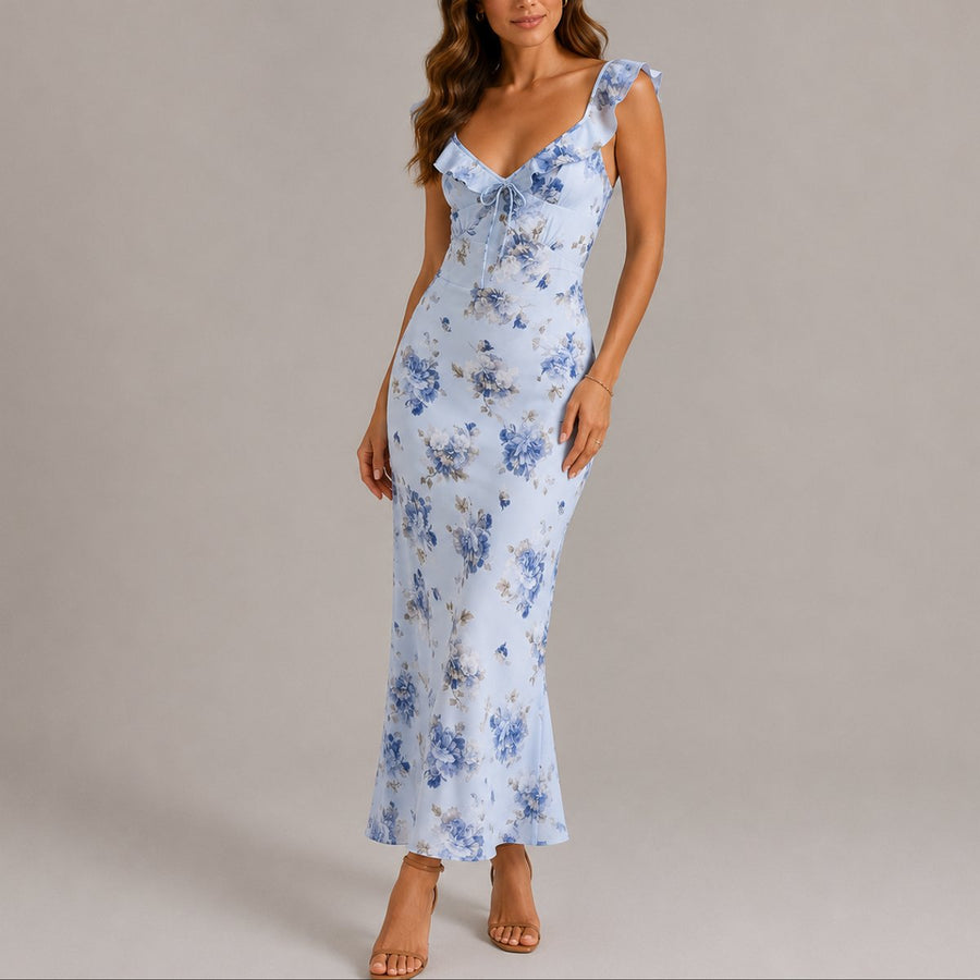 Women's Floral Ruffle Strap Fitted Maxi Dress - Wedding Guest | Summer - Blue