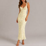 Women's Floral Ruffle Strap Fitted Maxi Dress - Wedding Guest | Summer - Yellow