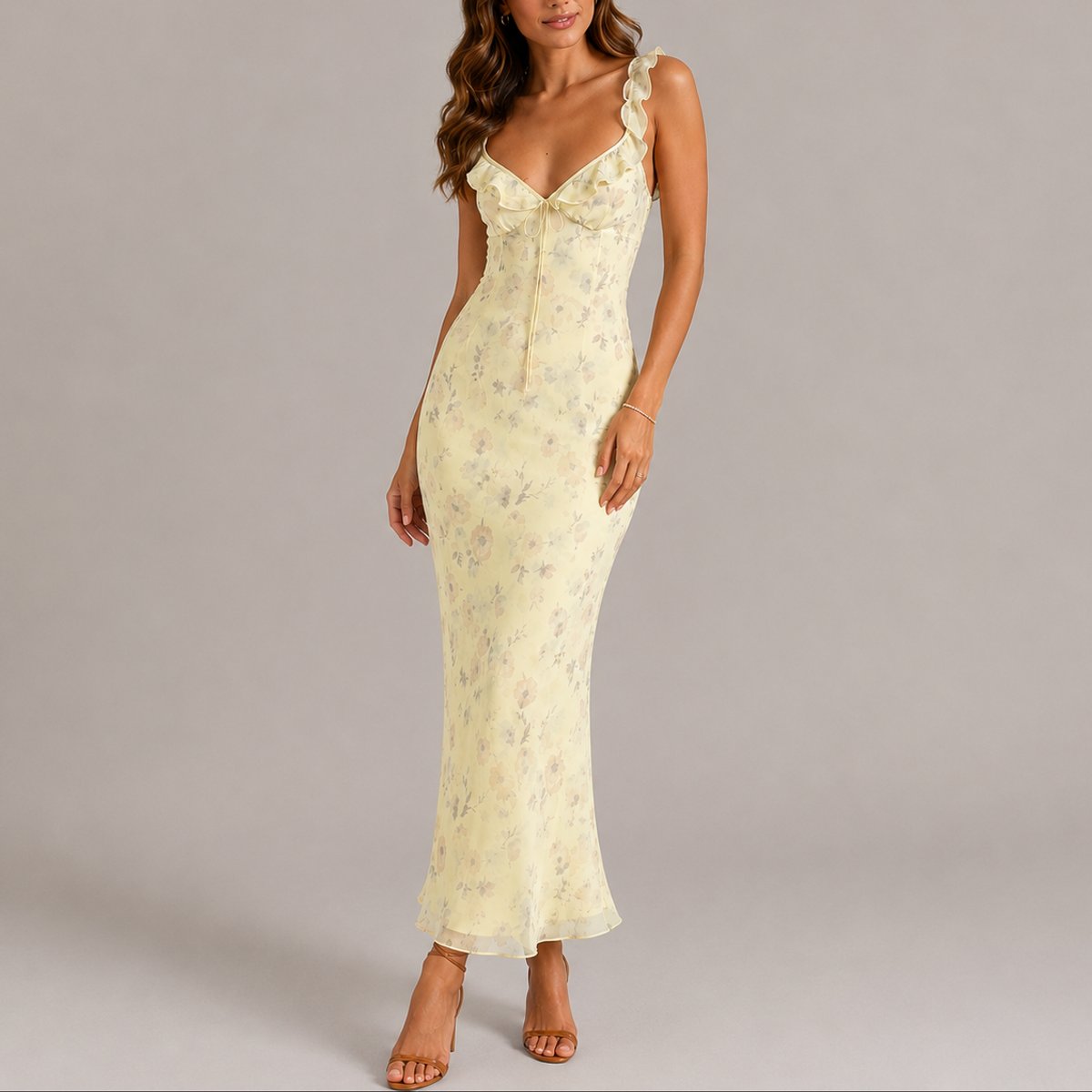 Women's Floral Ruffle Strap Fitted Maxi Dress - Wedding Guest | Summer - Yellow